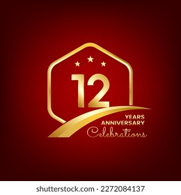 12 years anniversary. Anniversary template design inside of gold hexagon and curve with red background, design for event, invitation card, greeting card, banner, poster, flyer, book cover and print.