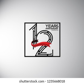 12 years anniversary template flat style with square and red ribbon