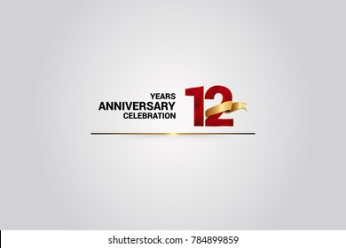 12 Years anniversary using red elegant number isolated on white background, with golden ribbon ca be use as celebration event logo