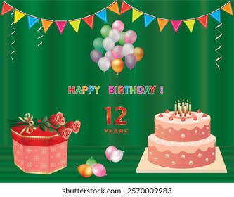 12 years anniversary. Vector happy birthday background design with gift box, rose bouquet and cake with candles. Greeting card decorated with balloons and flags.