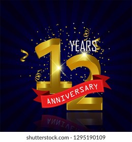 12 years anniversary Vector Template Design with golden color and silver ribbon isolated on blue sunburst background illustration for celebration event - Vector