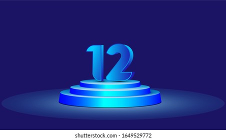 12 Years Anniversary Vector Template Design Illustration. Blue 3d Numbers with podium stage for celebration