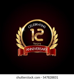 12 years gold anniversary celebration logo with red ribbon , isolated on dark background