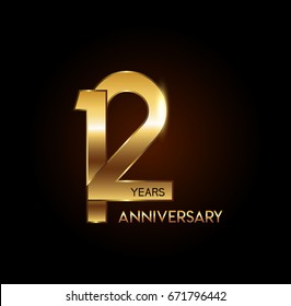 12 years gold anniversary celebration overlapping number logo, isolated on dark background