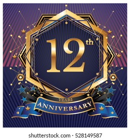 12 years golden anniversary logo celebration with ring and ribbon.