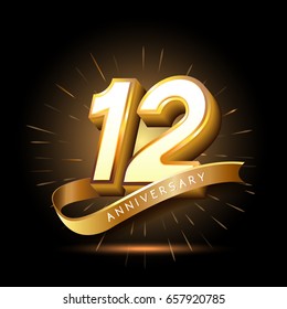 12 years golden anniversary logo celebration with firework and ribbon