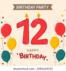 12 years old birthday. Postcard invitation number candle birthday candle and balloons. 