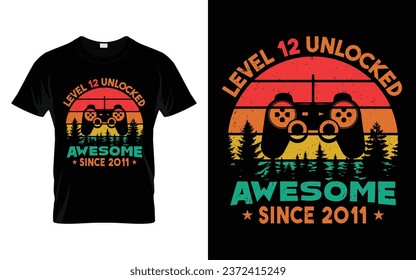 12 Years Old Retro Vintage 12th Birthday Level 12 Unlocked Awesome Since 2011 Funny Video Gaming Gift t-shirt