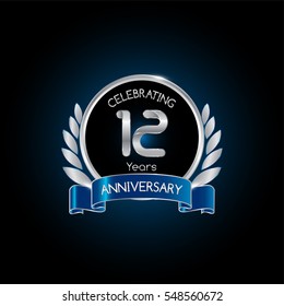 12 years silver anniversary celebration logo with blue ribbon , isolated on dark background
