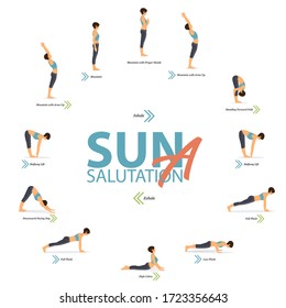 12 Yoga posa para el Yoga en casa en el concepto de Yoga Sun Salutation A en diseño plano. La mujer está haciendo ejercicio para estirar el cuerpo. Conjunto de postura de yoga o infografía de asana. Ilustración de vectores de caracteres