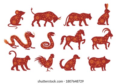 12 zodiac animals for Chinese New Year. Mouse, bull, tiger, rabbit, dragon, snake, horse, goat, monkey, chicken, dog, pig. Vector illustrations.
