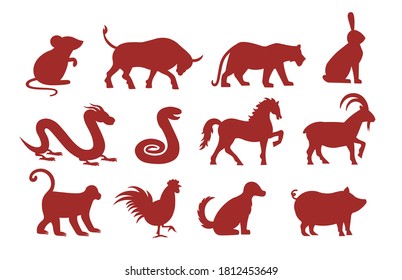 12 zodiac animals for Chinese New Year. Mouse, bull, tiger, rabbit, dragon, snake, horse, goat, monkey, chicken, dog, pig. Vector illustrations.