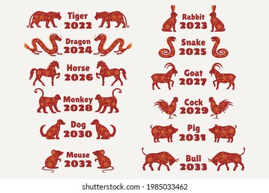 12 zodiac animals for Chinese New Year. Chinese calendar animals with years. Mouse, bull, tiger, rabbit, dragon, snake, horse, goat, monkey, chicken, dog, pig. Vector illustrations.