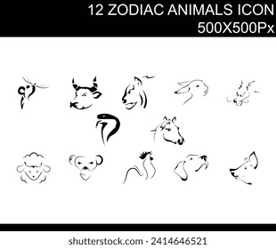 12 ZODIAC ANIMALS ICON ( mouse, tiger, rabbit, dragon ,snake, horse, monkey, chicken, dog, pig )