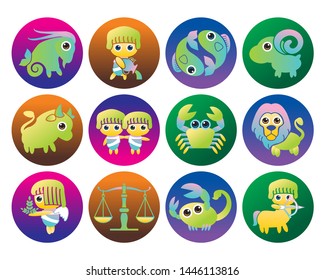 12 Zodiac. Capricorn Aquarius Pisces Aries Taurus Gemini Cancer Leo Virgo Libra Scorpio Sagittarius vector illustration isolated cartoon hand drawn