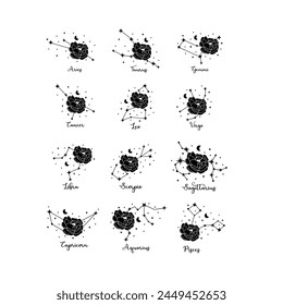 12 zodiac constellation with rose silhouette, moon and stars