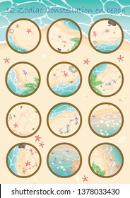12 zodiac constellation with starfish and sea shell on summer beach.