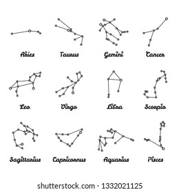 12 Zodiac Constellations Captions Star Symbols Stock Vector (Royalty ...