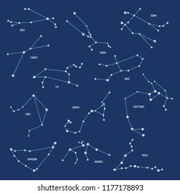12 zodiac constellations on dark blue background. Vector illustration