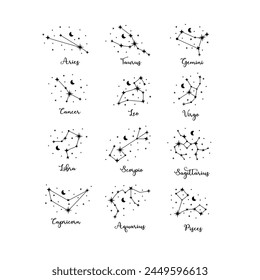 12 zodiac constellations set with moon and stars on white background