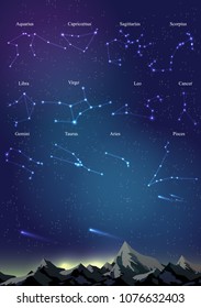 12 Zodiac Constellations Star Maps over Mountains on the Night Sky - Vector Illustration