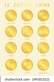 12 zodiac golden coins sign vector.