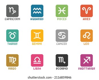 12 Zodiac pixel art vector symbol collection
