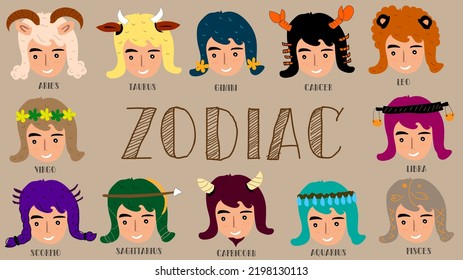 12 zodiac sign cartoon girl cute horoscope