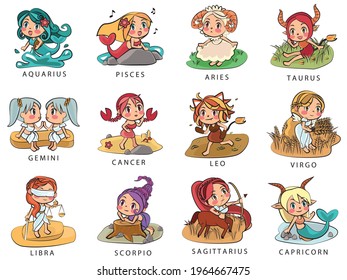 12 Zodiac Sign Cartoon Illustration Set