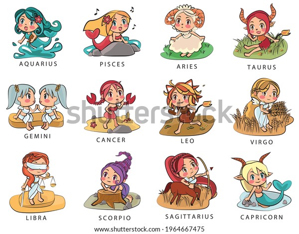 12 Zodiac Sign Cartoon Illustration Set Stock Vector (royalty Free 