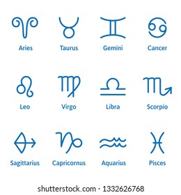 12 Zodiac signs with caption. Star symbols for astrology horoscope, calendar. Flat outline style. Set of simple icons for web sites, and print, graphic design elements. Blue on white. Isolated vector.