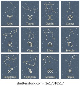 12 Zodiac signs and constellation star banners vector astrology horoscope background 