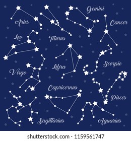 12 zodiac signs constellations vector set on dark. Aries Taurus Gemini Cancer Leo Virgo Libra Scorpio Sagittarius Aquarius Capricorn Pisces