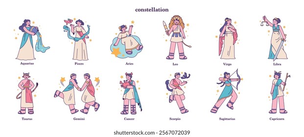 12 zodiac signs for each month. A cartoonish illustration depicting the constellations as people.