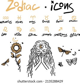 12 zodiac signs and female images, flowers, insects.