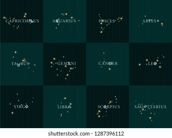 12 Zodiac Signs and Inverted Lettering with Constellations Capricorn Aquarius Pisces Aries Taurus Gemini Cancer Leo Virgo Libra Scorpio Sagittarius Set - Gold on Dark Background - Hand Drawn Vector 