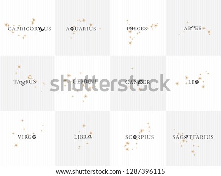 12 Zodiac Signs and Lettering with Constellations Capricorn Aquarius Pisces Aries Taurus Gemini Cancer Leo Virgo Libra Scorpio Sagittarius Set - Logos on Light Background - Vector Hand Drawn Design
