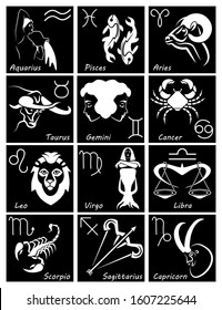 The 12 zodiac signs. Monochrome graphics astrology set. Horoscope. Symbols set. Flat colored icon. Isolated template. Can be used for web, print, card, poster, banner, bookmark. Vector Illustration.