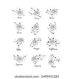 12 zodiac signs with moon, flower and stars. Celestial constellations