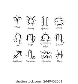 12 zodiac signs with moon, flower and stars. Celestial constellations