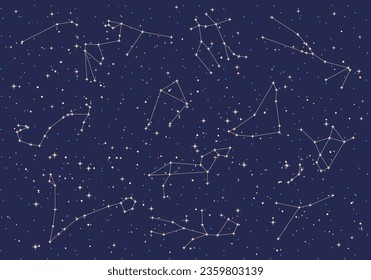 12 zodiac signs on starry sky background.