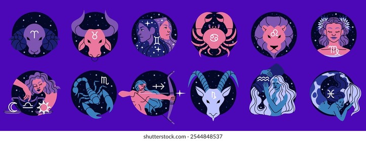 12 signos del zodiaco Escorpio, Piscis y Virgo, León. Abstractas Aries y Acuario. Estrella del calendario. Forma mágica. Constelación del horóscopo de Avatar. Elementos aislados contemporáneos esotéricos. Vector icono de dibujos animados