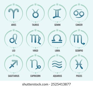 12 Zodiac signs set isolated on a light green background. horoscope constellation. vector illustration.