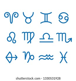 12 Zodiac signs. Star symbols for astrology horoscope, calendar. Flat bold outline style. Set of simple icons for web sites, ui and print, graphic design elements. Blue on white. Isolated vector.