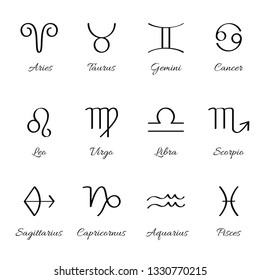 12 Zodiac signs. Star symbols for astrology horoscope, calendar. Calligraphy style. Set of simple icons for web sites, ui and print, graphic design elements. Black on white. Isolated vector.