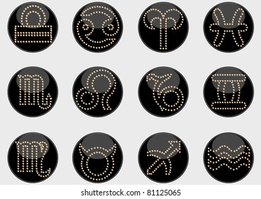 12 zodiac signs from stars in black circles