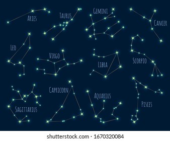 12 zodiac star constellations astrology signs vector set. Aries, Taurus, Gemini, Cancer, Leo, Virgo, Libra, Scorpio, Sagittarius, Capricorn, Aquarius, Pisces zodiac constellations of stars and lines.