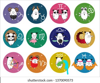 12 Zodiac  symbol with cute pigs colorfull set 