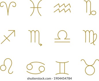 12 Zodiac Symbols. Icons of Aries, Taurus, Gemini, Cancer, Leo, Virgo, Libra, Scorpio, Sagittarius, Capricorn, Aquarius, and Pisces.
