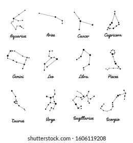 The 12 Zodiacal Constellations isolated on white background. Vector illustration eps 10.